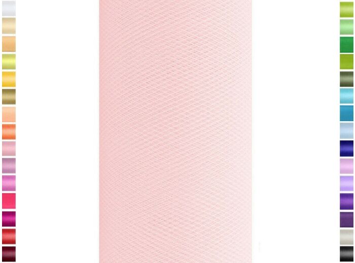 Tulle fin et souple colori rose tendre de 15 cm de large et 9 m de long vendu en rouleau