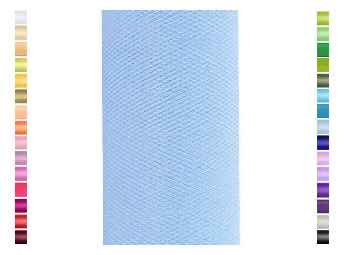 Tulle fin et souple colori bleu ciel de 15 cm de large et 9 m de long vendu en rouleau