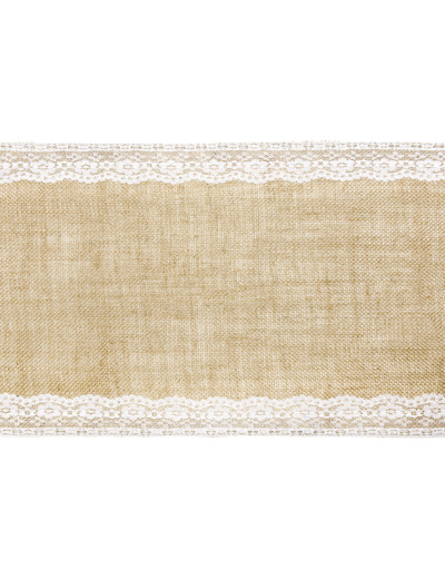 CHEMIN DE TABLE JUTE AVEC DENTELLE 28CM X 2,75M ROULEAU MARRON NATUREL / BLANC