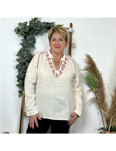 K789- Blouse Coton brodée (T40-T48) (ecru)