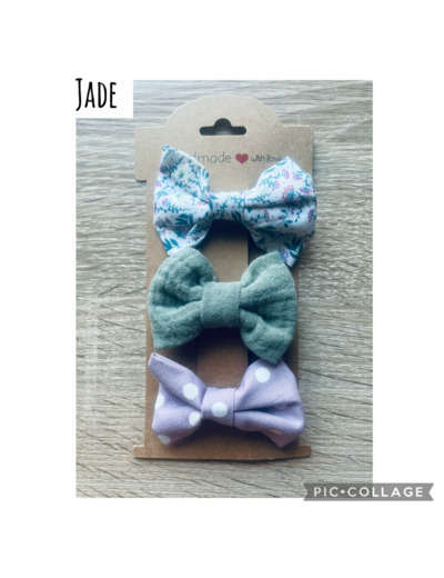 TRIO BARRETTES NOEUD FILLE "JADE", PINCES CHEVEUX