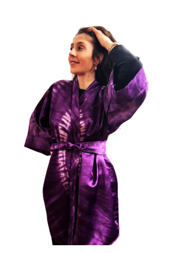 KIMONO EN SOIE VIOLET LONG POUR FEMME