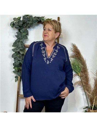 K789- Blouse Coton brodée (T40-T48) (marine)