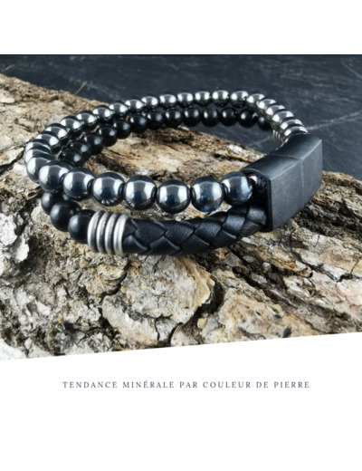 Bracelet Homme Cuir Double avec apprêt Hématite et Obsidienne noire