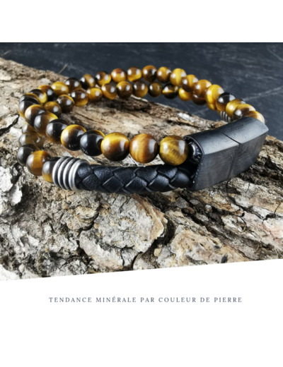 Bracelet Homme Cuir Double avec apprêt Oeil de tigre