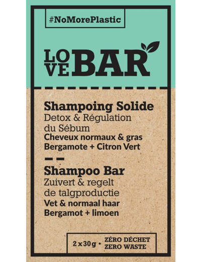 Love Bar - Shampoing Solide Détoxifiant & Régulateur à la Bergamote & au Citron Vert - Cheveux Normaux et Gras (2 x 30 gr)