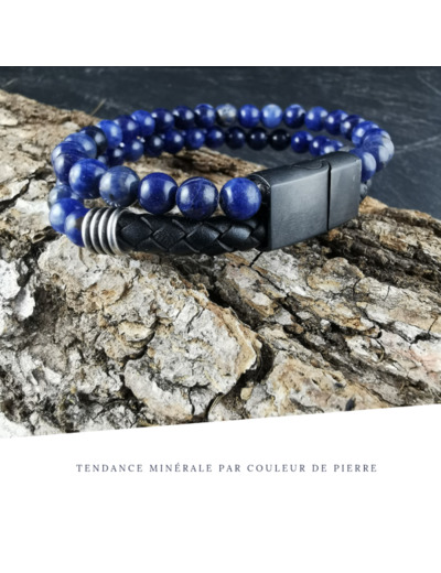 Bracelet Homme Cuir Double avec apprêt Sodalite