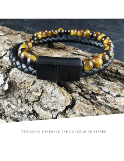 Bracelet Homme Cuir Double Oeil de tigre