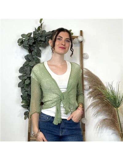 L349- Gilet ajouré à nouer Coline (Tu) (vert olive)