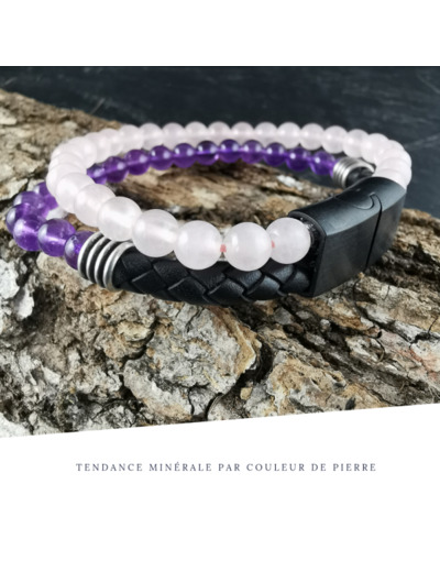 Bracelet Homme Cuir Double avec apprêt Améthyste et quartz rose