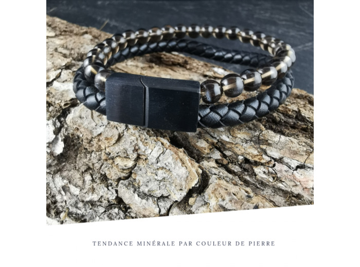 Bracelet Homme Cuir Double Quartz fumé