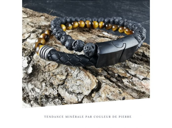 Bracelet Homme Cuir Double avec apprêt Oeil de tigre et Pierre de lave