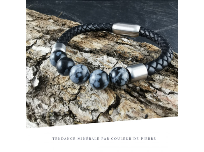 Bracelet Homme Cuir Simple Obsidienne neige