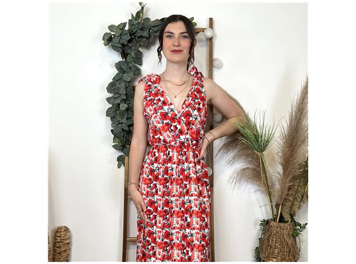 L024- Robe longue fleurie (Tu) (rouge)