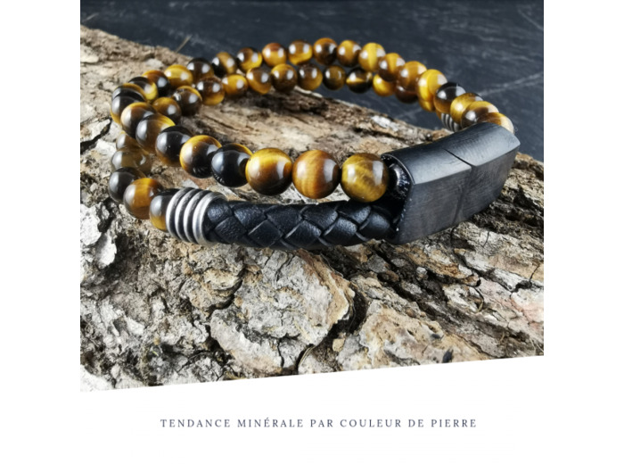 Bracelet Homme Cuir Double avec apprêt Oeil de tigre