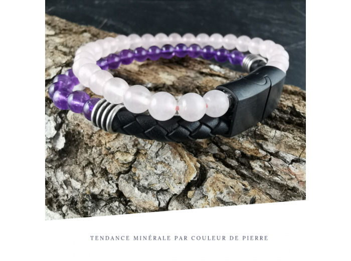 Bracelet Homme Cuir Double avec apprêt Améthyste et quartz rose