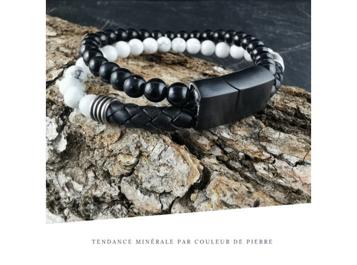 Bracelet Homme Cuir Double avec apprêt Howlite et Obsidienne noire