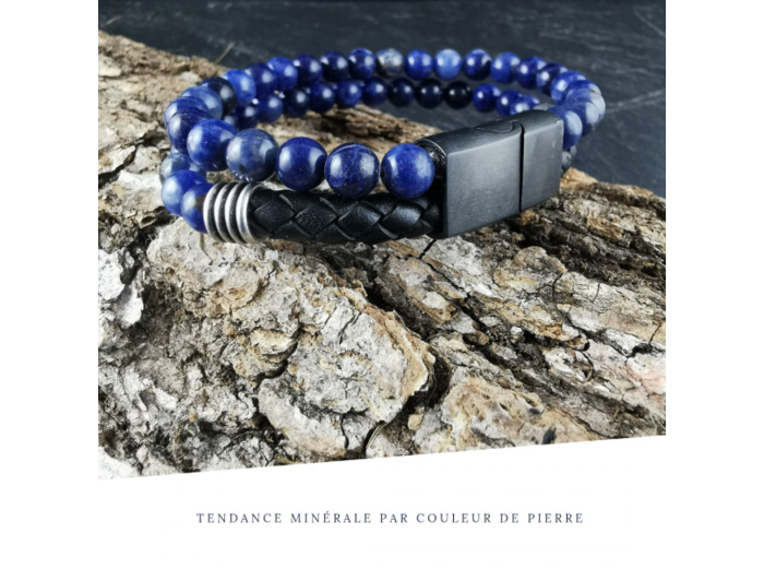 Bracelet Homme Cuir Double avec apprêt Sodalite