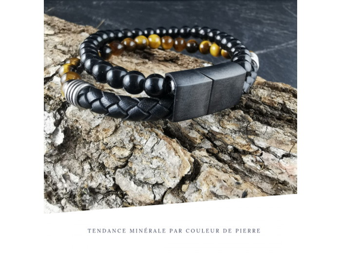 Bracelet Homme Cuir Double avec apprêt Oeil de tigre et Obsidienne noire