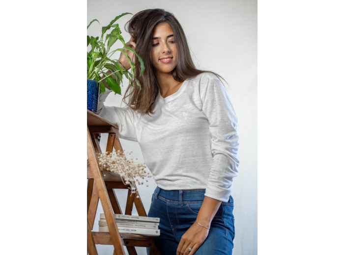 T shirt manches longues en lin bio femme - blanc