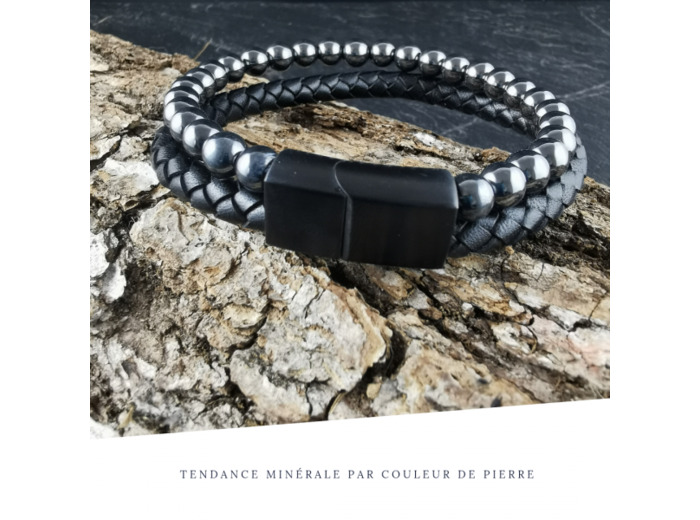 Bracelet Homme Cuir Double Hématite