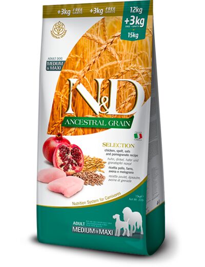 Croquettes N&D - Ancestral grain poulet & grenade chien medium/maxi 15kg