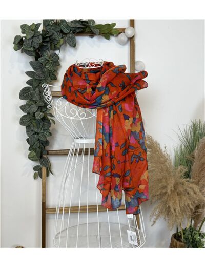 Y513- Foulard coton fleurs (orange)