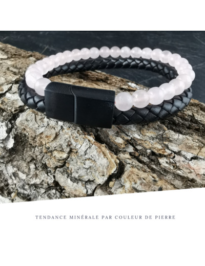 Bracelet Homme Cuir Double Quartz rose