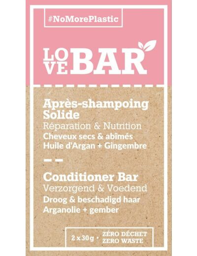 Love Bar - Après-Shampoing Solide Réparation & Nutrition à l'Argan et au Gingembre - Cheveux Secs et Abîmés (2 x 30 gr)