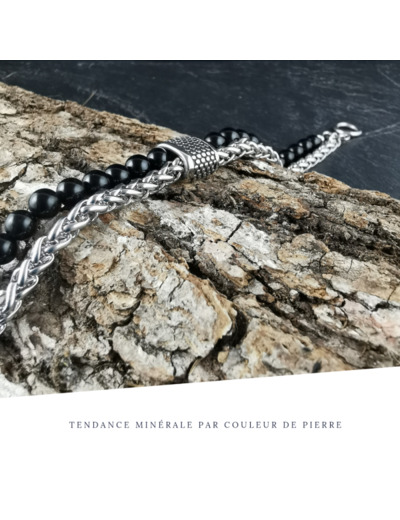 Bracelet Homme Chaîne Métal Obsidienne noire