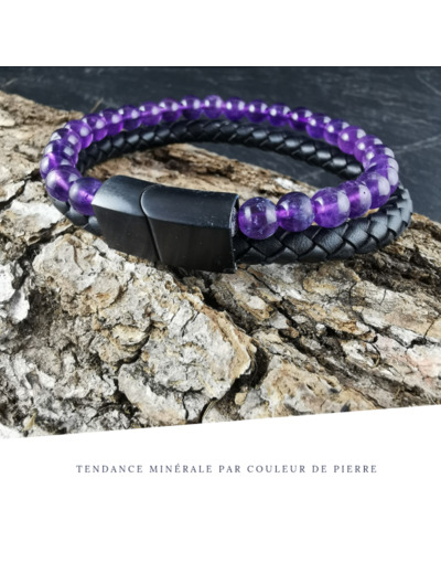 Bracelet Homme Cuir Double Améthyste