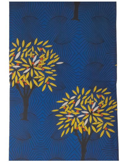 Tissu wax motifs arbres bleu jaune