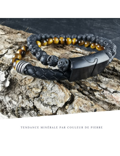 Bracelet Homme Cuir Double avec apprêt Oeil de tigre et Pierre de lave