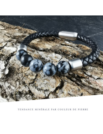 Bracelet Homme Cuir Simple Obsidienne neige