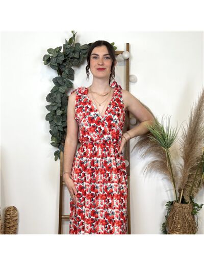 L024- Robe longue fleurie (Tu) (rouge)