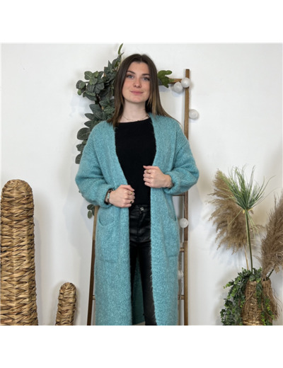 L392- Gilet long (Laine Mohair...) (Tu) (vert céladon)