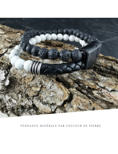 Bracelet Homme Cuir Double avec apprêt Howlite et Pierre de lave