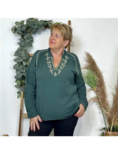 K789- Blouse Coton brodée (T40-T48) (vert sapin)