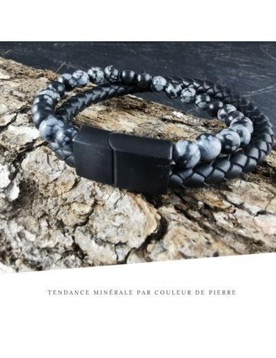 Bracelet Homme Cuir Double Obsidienne neige