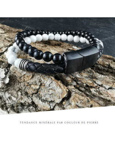 Bracelet Homme Cuir Double avec apprêt Howlite et Obsidienne noire