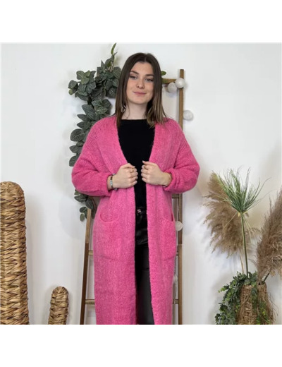 L392- Gilet long (Laine Mohair...) (Tu) (fuchsia)