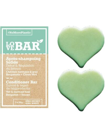 Love Bar - Après-Shampoing Solide Détoxifiant & Régulateur à la Bergamote et au Citron Vert - Cheveux Normaux et Gras (2 x 30 gr)