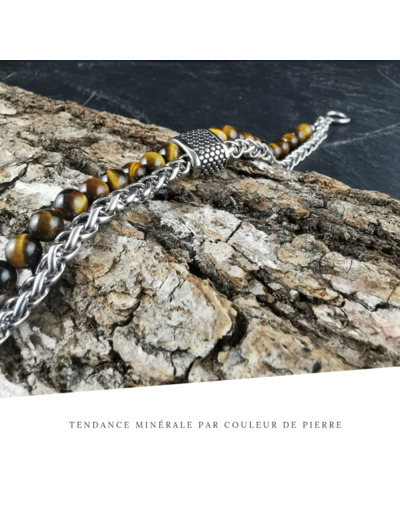 Bracelet Homme Chaîne Métal Oeil de tigre