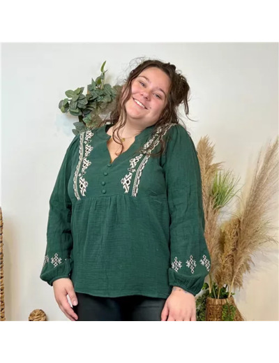 K769- Blouse coton brodée (T40-t48) (vert sapin)