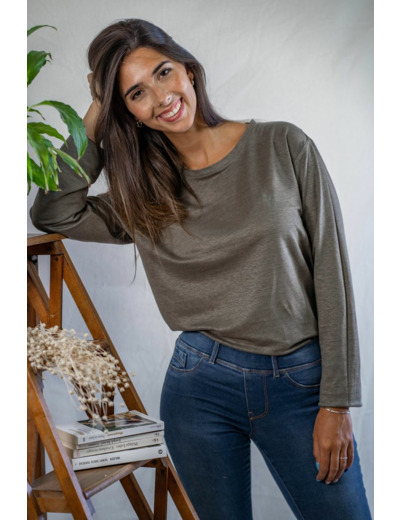 T shirt manches longues en lin bio femme - kaki