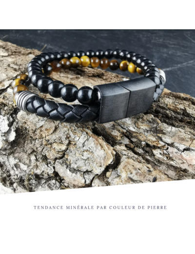 Bracelet Homme Cuir Double avec apprêt Oeil de tigre et Obsidienne noire