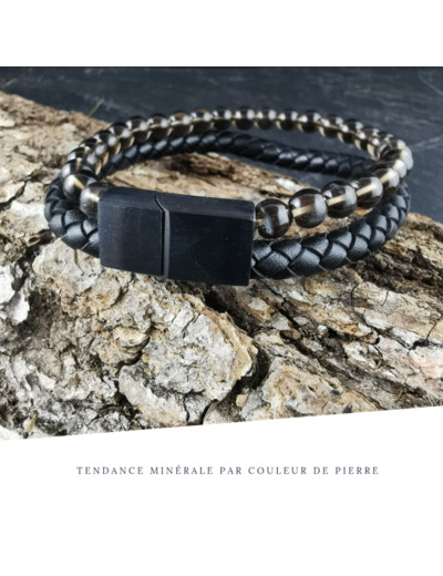 Bracelet Homme Cuir Double Quartz fumé