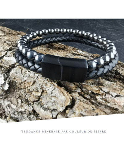 Bracelet Homme Cuir Double Hématite