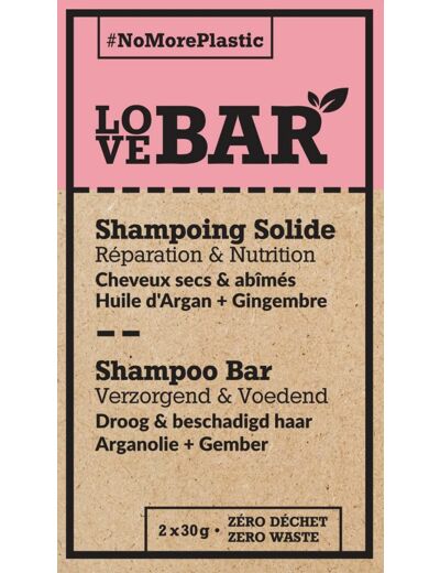 Love Bar - Shampoing Solide Réparation & Nutrition à l'Argan & Gingembre - Cheveux Secs et Abîmés (2 x 30gr)